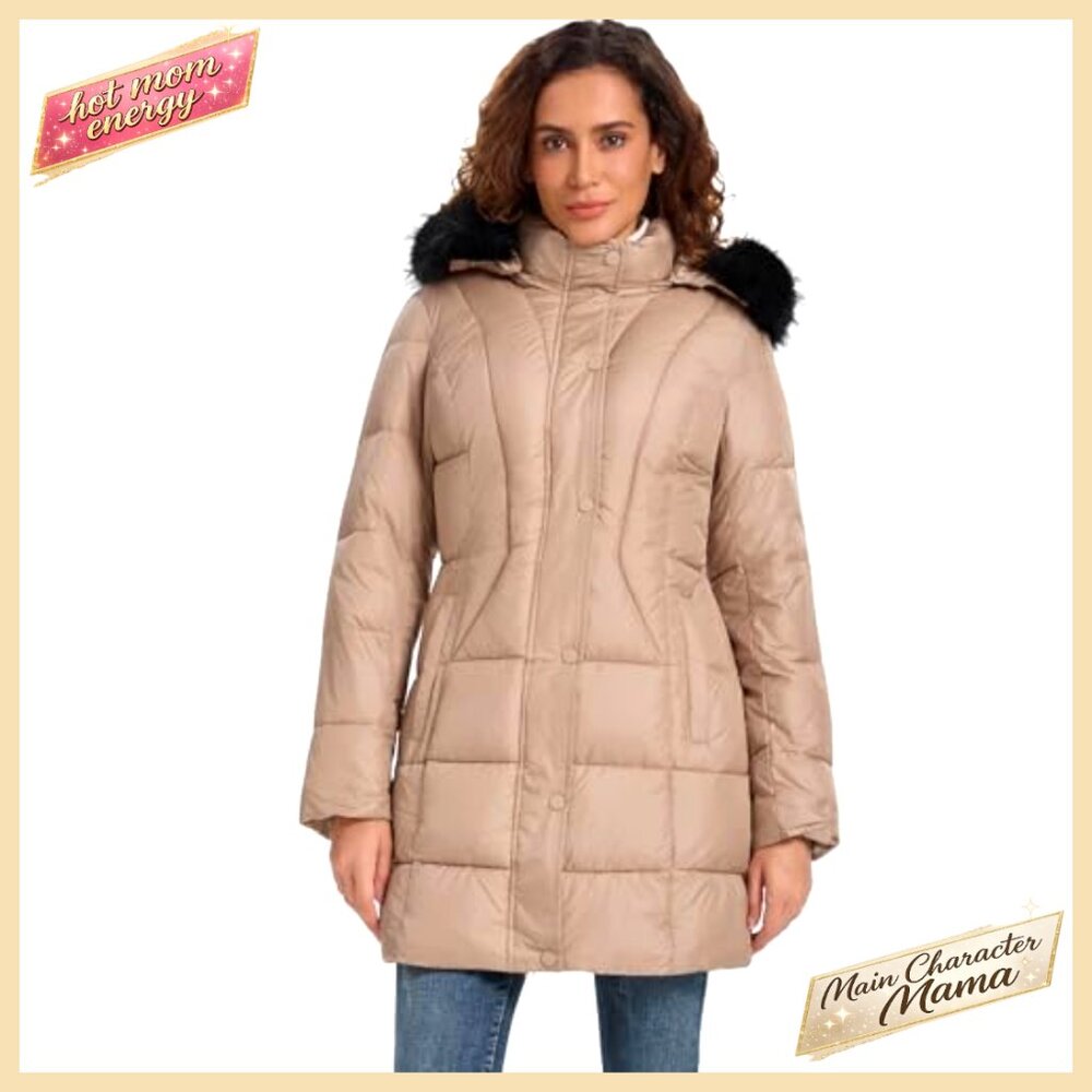 Women's Long Down Puffer Coat with Detachable Faux Fur Hood, Winter Parka - Picture 5 of 6